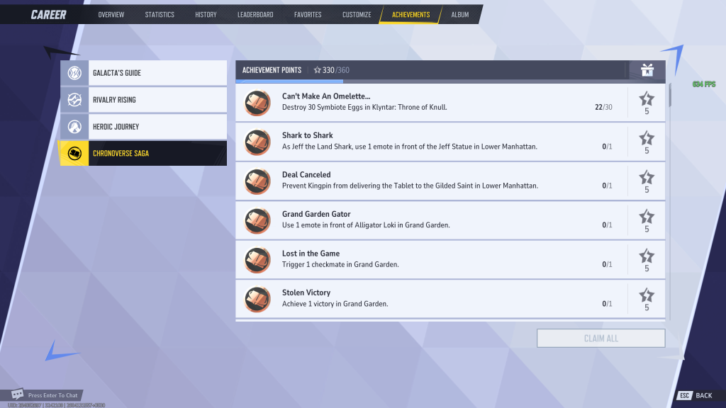 Marvel Rivals in-game screenshot showing the "Chronoverse Saga" category of Achievements.