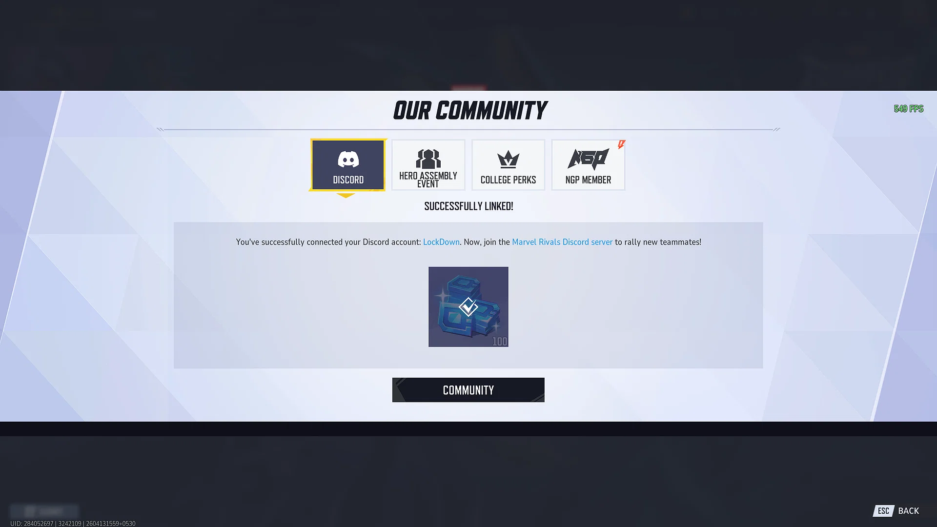 Every Method Explained 7 Marvel Rivals in-game screenshot showing the first page of the "Our Community" tab granting free Units for linking Discord account.