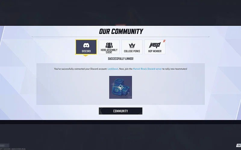 Every Method Explained 1 Marvel Rivals in-game screenshot showing the first page of the "Our Community" tab granting free Units for linking Discord account.