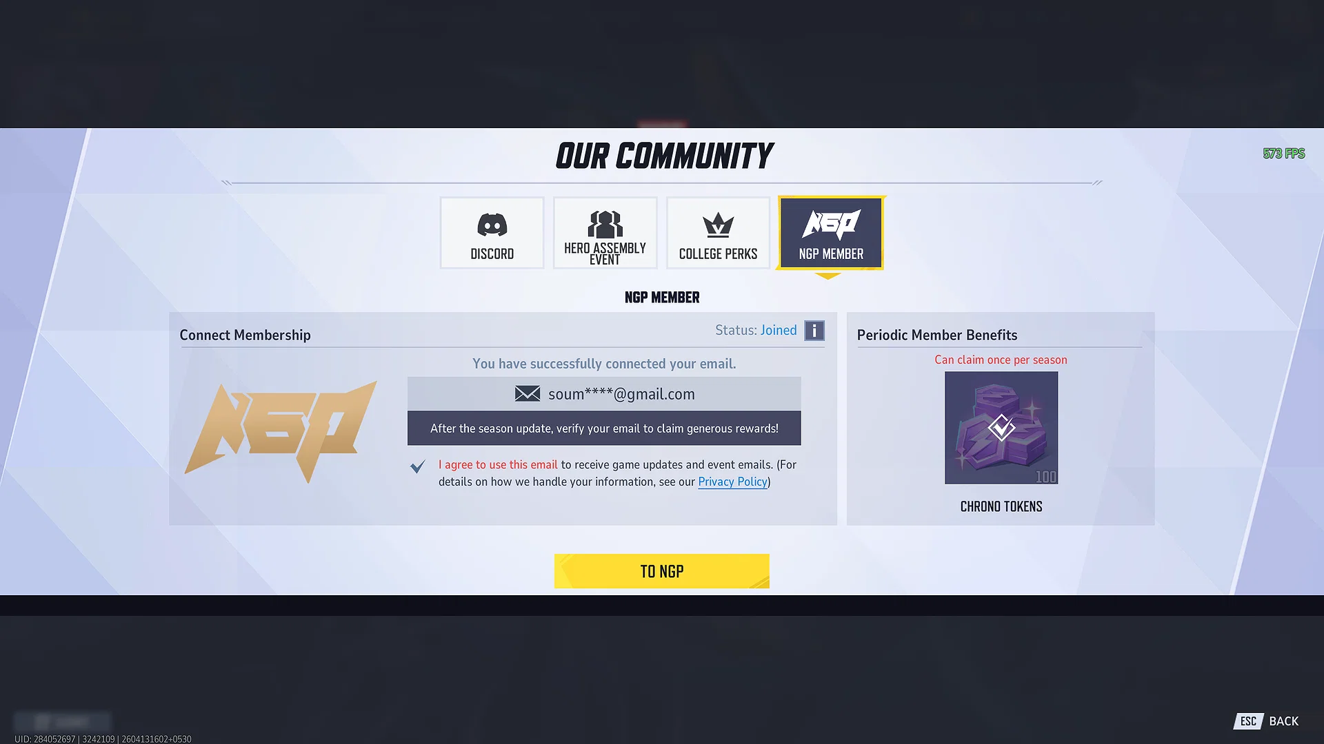 Every Method Explained 9 Marvel Rivals in-game screenshot showing the last page of the "Our Community" offering free Units for becoming an NGP member.
