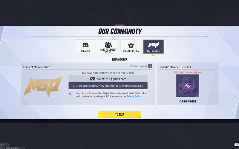 Every Method Explained 3 Marvel Rivals in-game screenshot showing the last page of the "Our Community" offering free Units for becoming an NGP member.