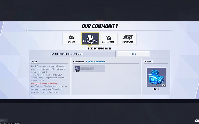 Every Method Explained 2 Marvel Rivals in-game screenshot showing the second page of the "Our Community" tab, featuring free Units for referring new players.