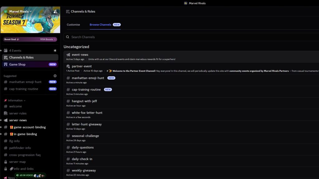 A screenshot showing the Free Units events running in the official Marvel Rivals Discord server.  