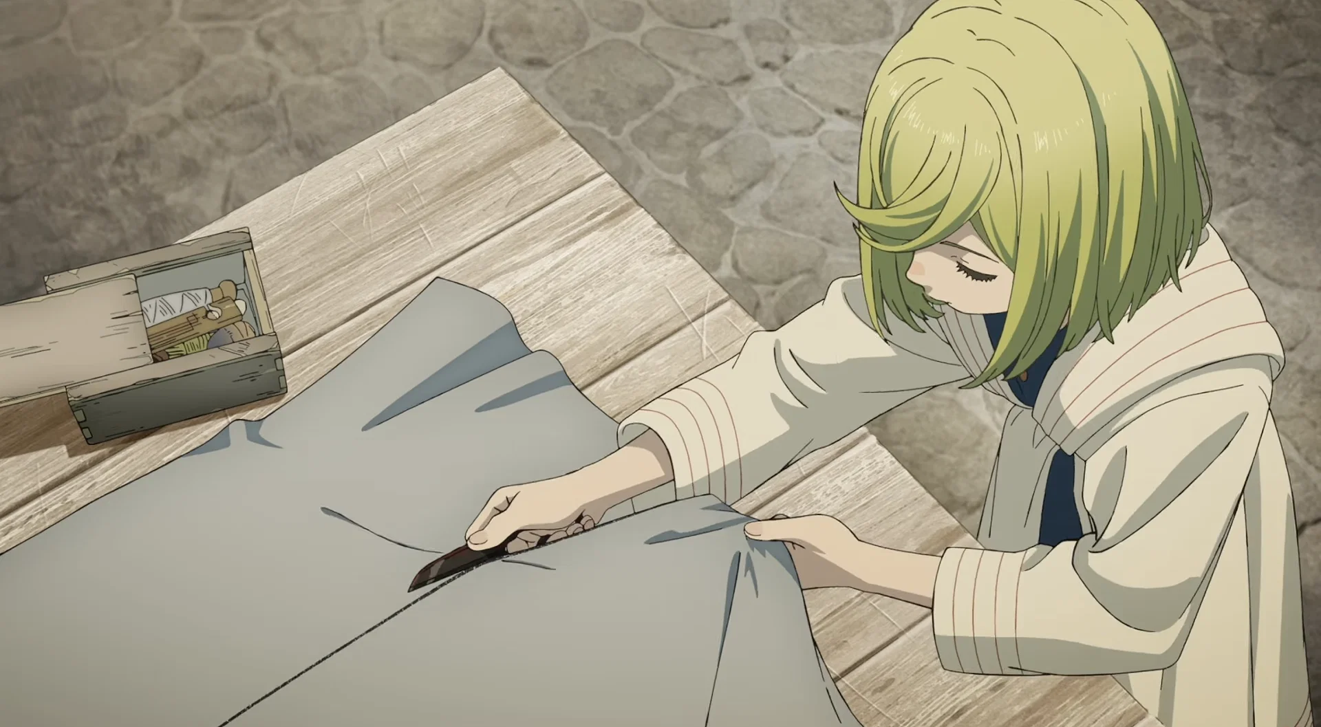 Agott Thrusts Coco Into Danger Behind Qifrey’s Back 17 coco is cutting a piece of cloth at her house in witch hat atelier