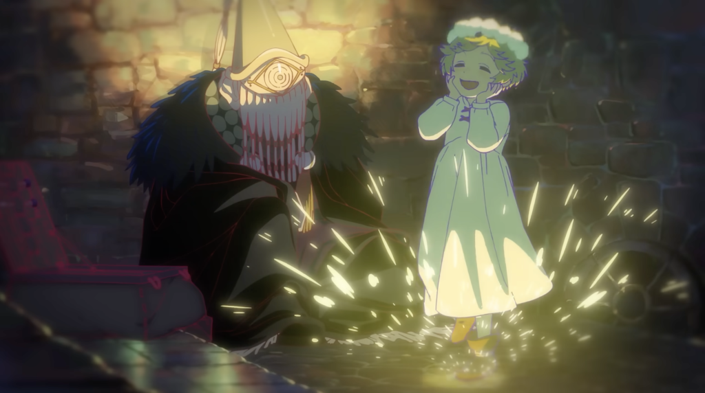 a flashback of little coco dancing wearing magical shoes as a mysterious witch hands her the book of the forbidden spell in witch hat atelier