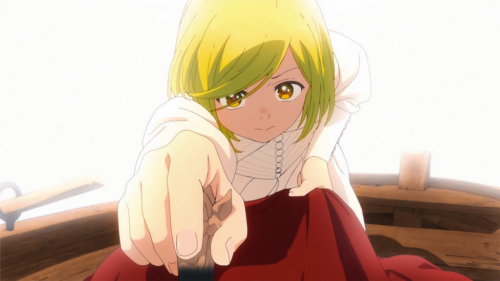 Coco using a stone to draw a wind spell in Episode 3 of Witch Hat Atelier