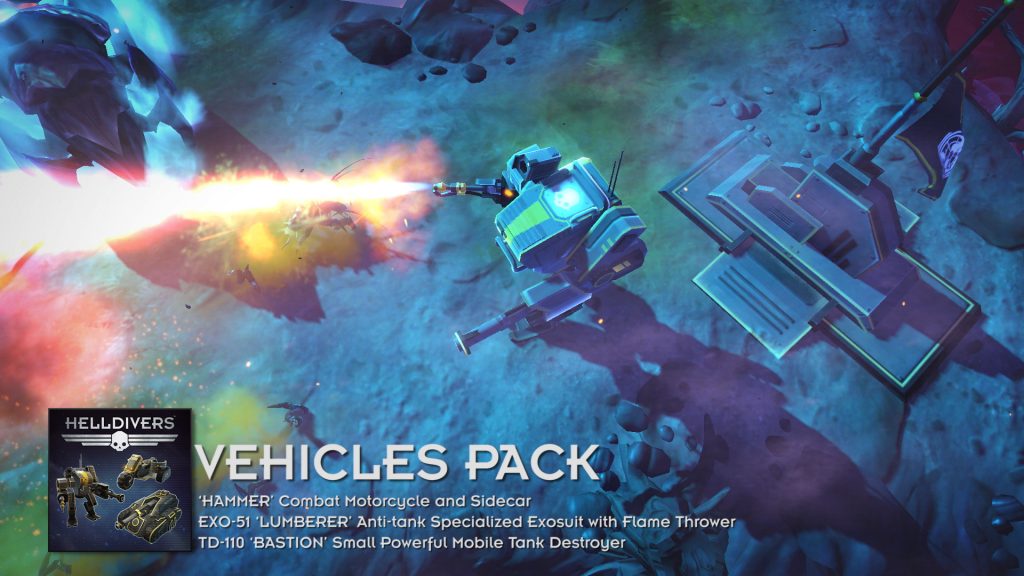 Helldivers 1 gameplay screenshot showcasing the EXO-51 Lumberer Exosuit stratagem in action against Terminids.