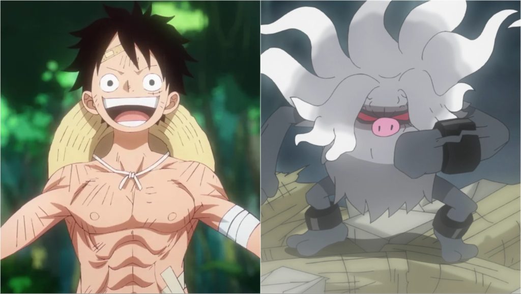 a still from one piece and Pokémon anime 
