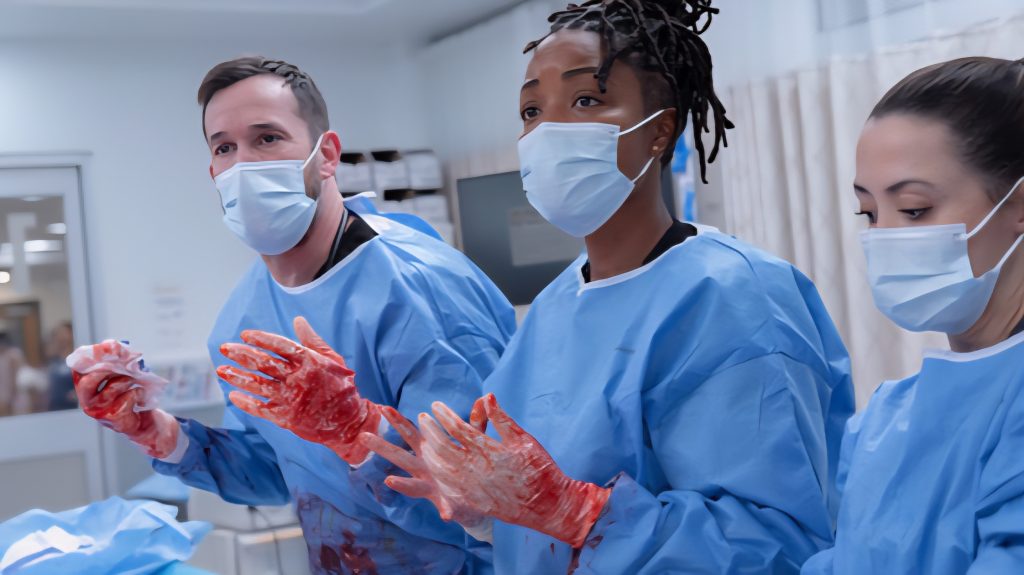 Noah Wyle and Ayesha Harris, and Amber Martinez in The Pitt Season 2 Episode 15