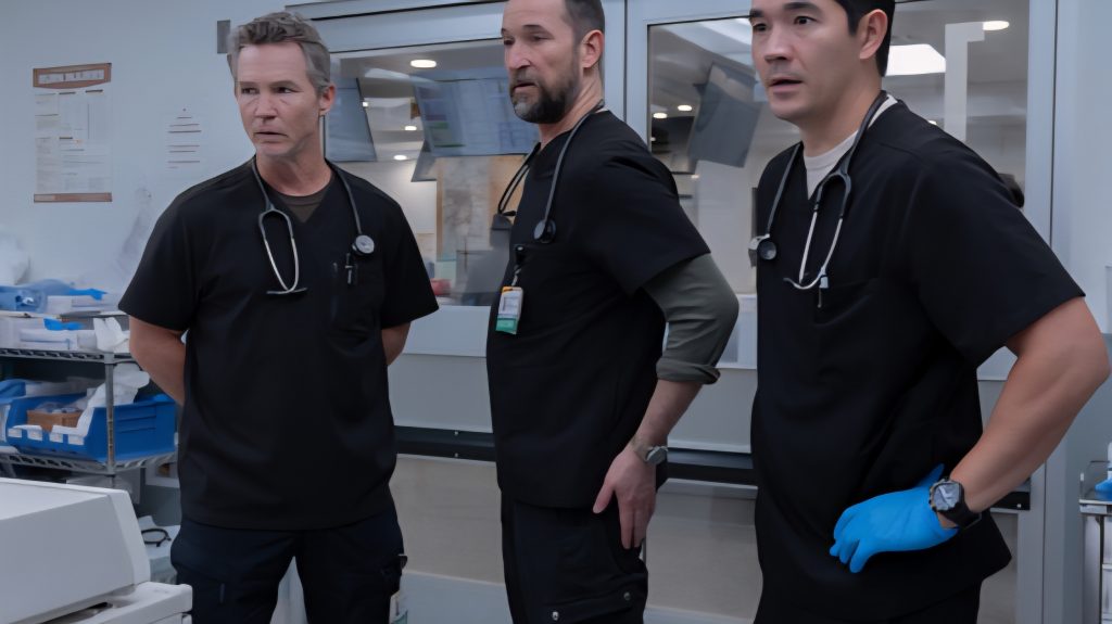 Shawn Hatosy, Noah Wyle, and Ken Kriby in The Pitt Season 2 Episode 15