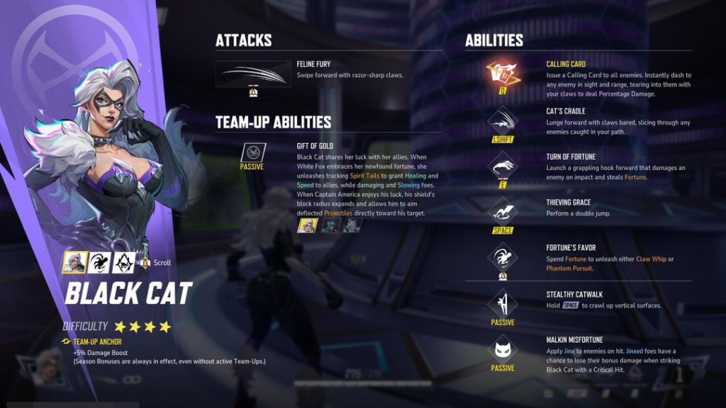 Marvel Rivals in-game screenshot of the first page of Black Cat's abilities breakdown.