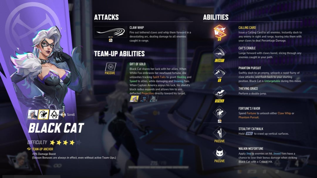Marvel Rivals in-game screenshot of the second page of Black Cat's abilities breakdown.