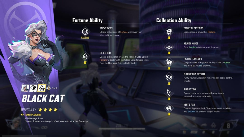 Marvel Rivals in-game screenshot of the second page of Black Cat's "fortune" and "collection" abilities breakdown.