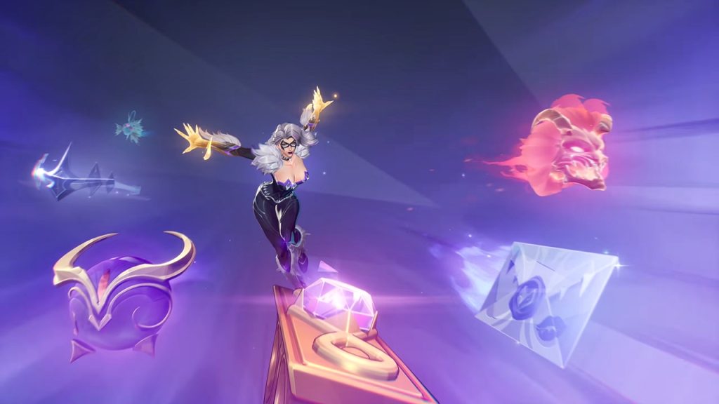 A trailer shot of Black Cat summoning and flicking six different relics toward the camera in Marvel Rivals. 