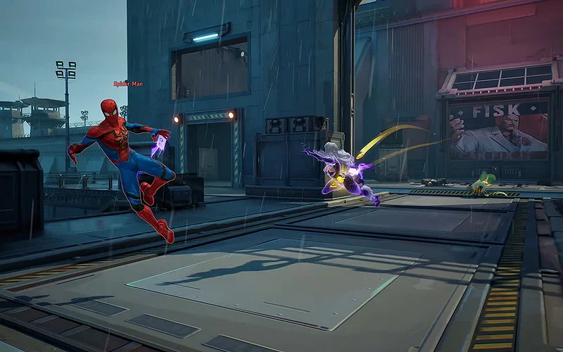 Every Black Cat Ability and Playstyle Explained 6 Marvel Rivals screenshot showing Black Cat's ultimate ability in action as she pounces at an opponent Spider-Man from behind.