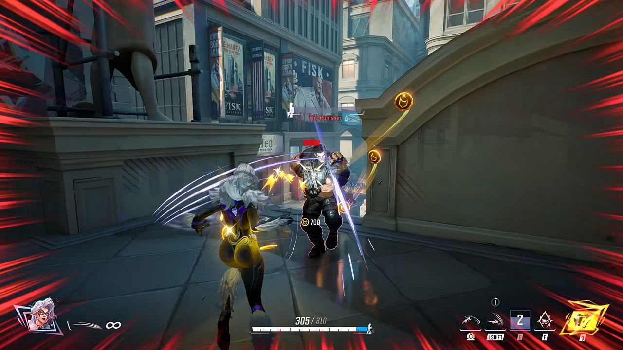 A gameplay screenshot of Black Cat in close quarters combat with The Punisher in Marvel Rivals.