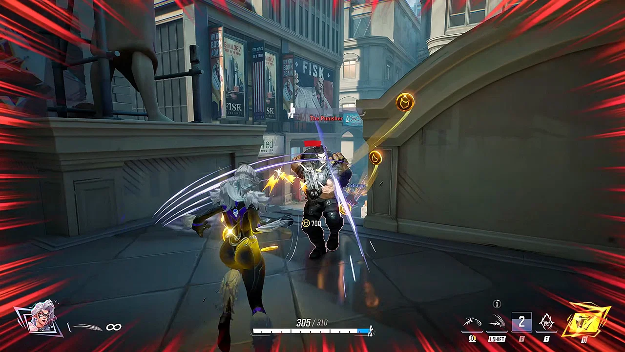Every Black Cat Ability and Playstyle Explained 15 A gameplay screenshot of Black Cat in close quarters combat with The Punisher in Marvel Rivals.