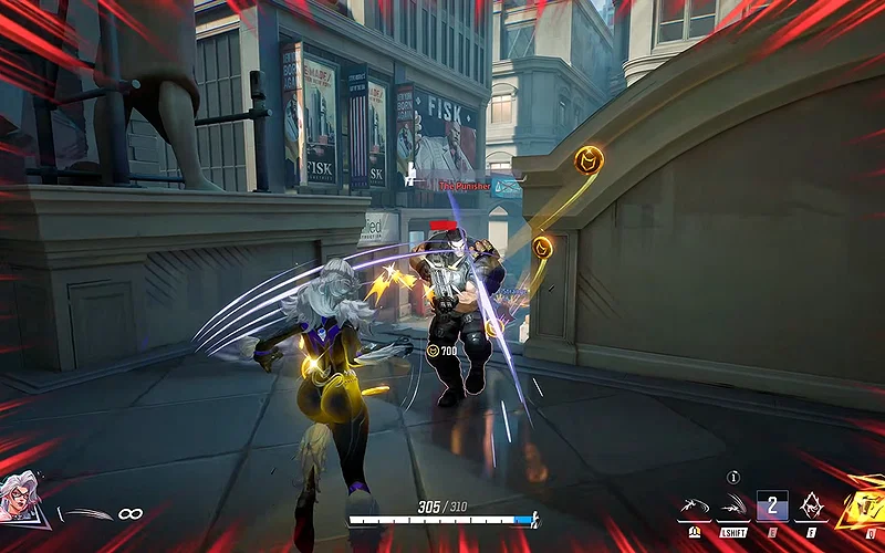 Every Black Cat Ability and Playstyle Explained 3 A gameplay screenshot of Black Cat in close quarters combat with The Punisher in Marvel Rivals.