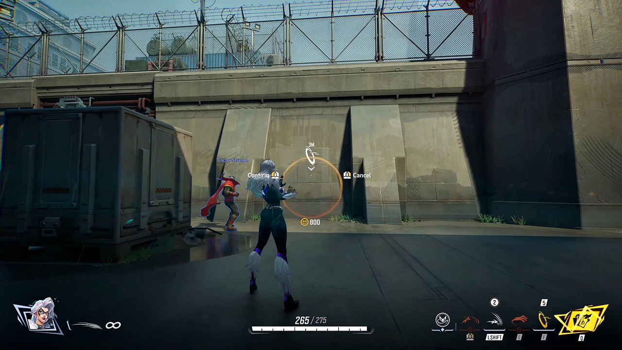 Marvel Rivals gameplay screenshot showing a Black Cat player using her portal ability to place an entrance on a wall.