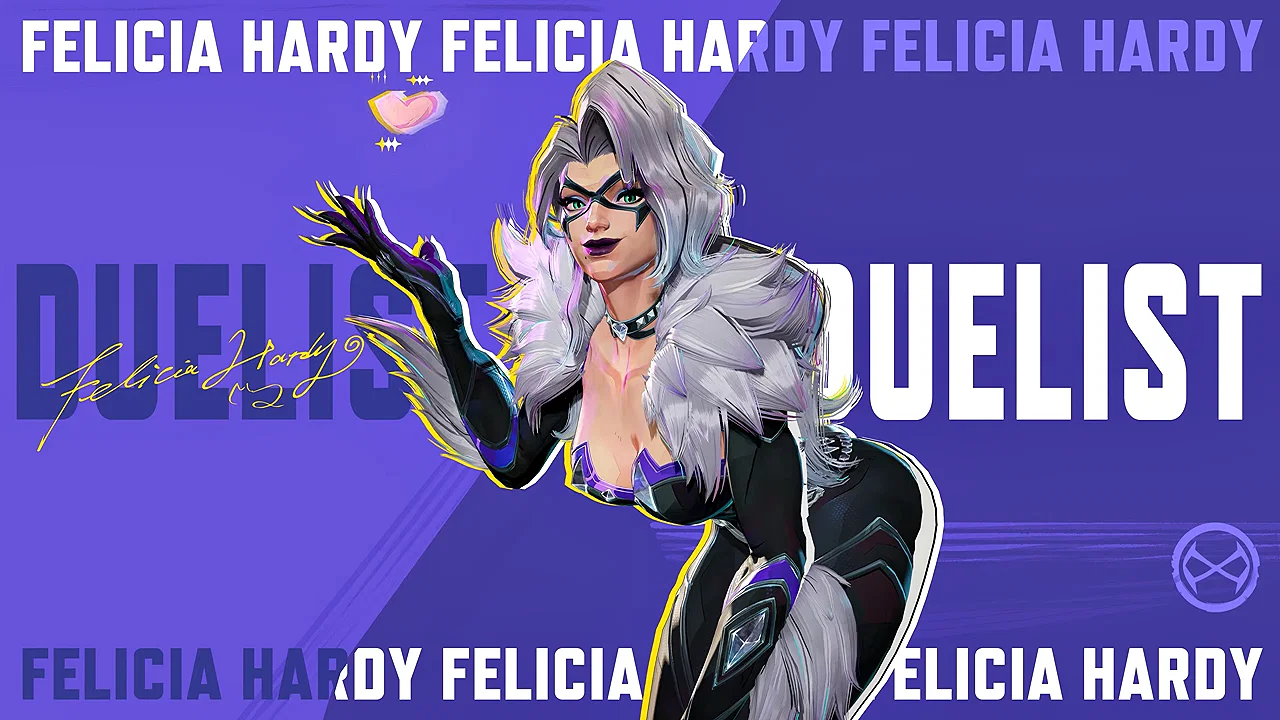 Every Black Cat Ability and Playstyle Explained 13 An official banner showcasing Black Cat's model in Marvel Rivals, with the words "Felicia Hardy" and "Duelist" stamped all over.