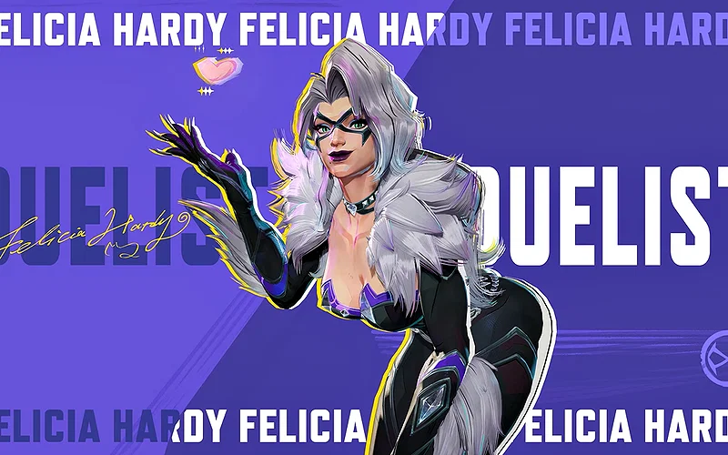 Every Black Cat Ability and Playstyle Explained 1 An official banner showcasing Black Cat's model in Marvel Rivals, with the words "Felicia Hardy" and "Duelist" stamped all over.