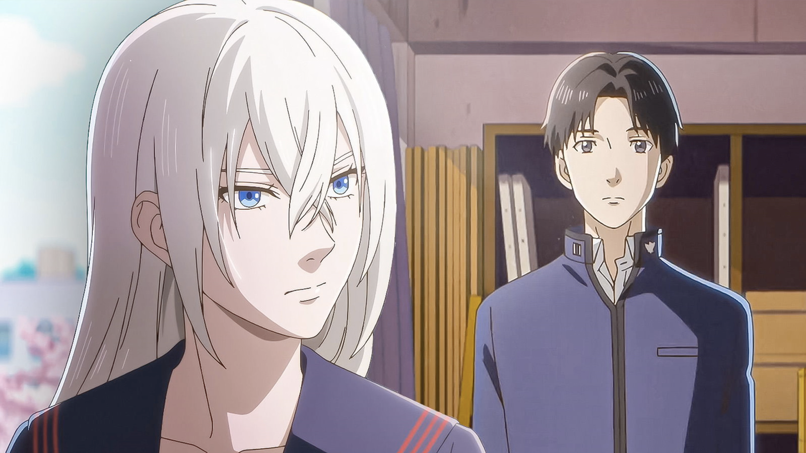 a still shot of koichi looking at eren as she thanks him and leaves in eren the southpaw episode 2 ending