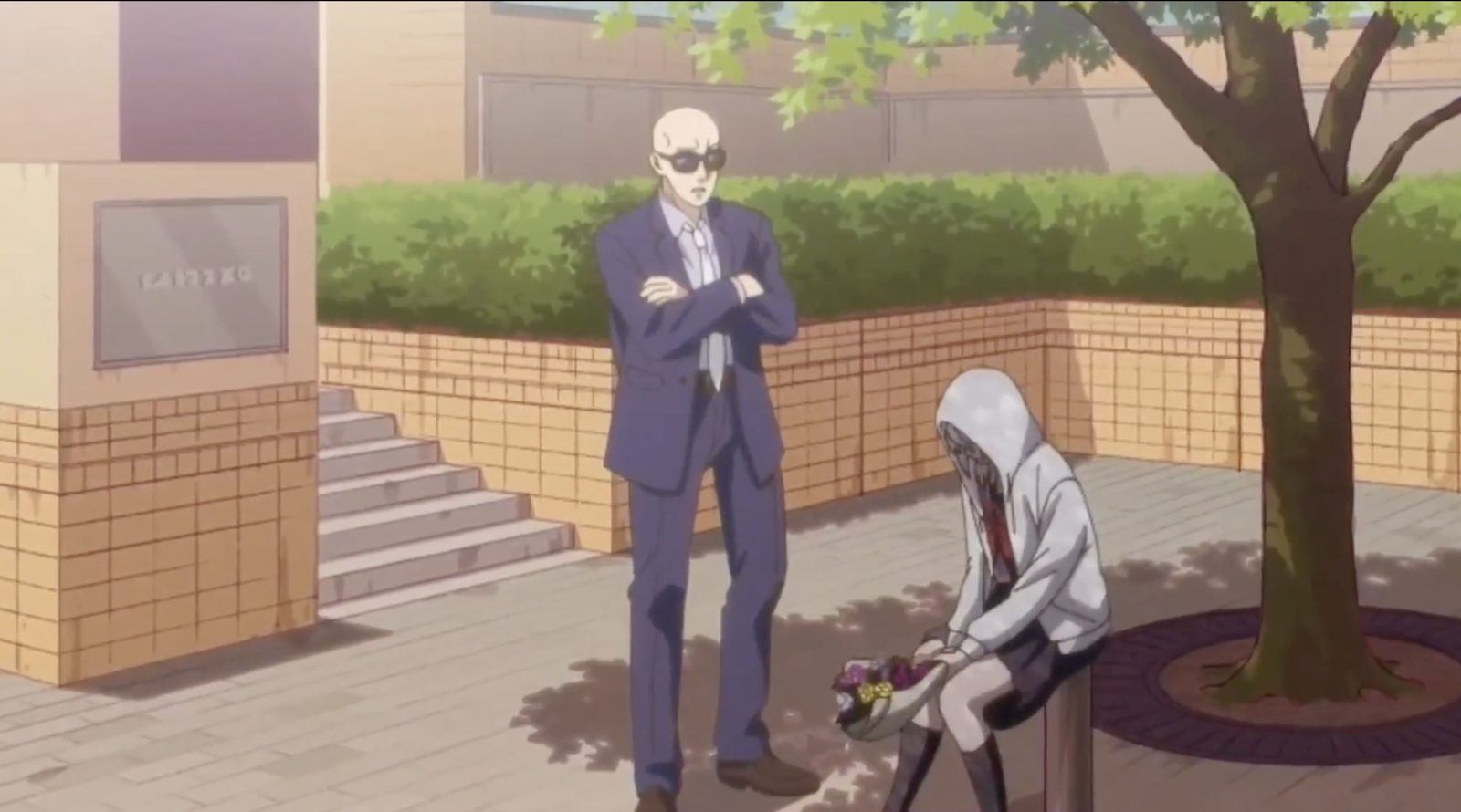 a still of eren sitting as her late father's best friend stands beside her in eren the southpaw