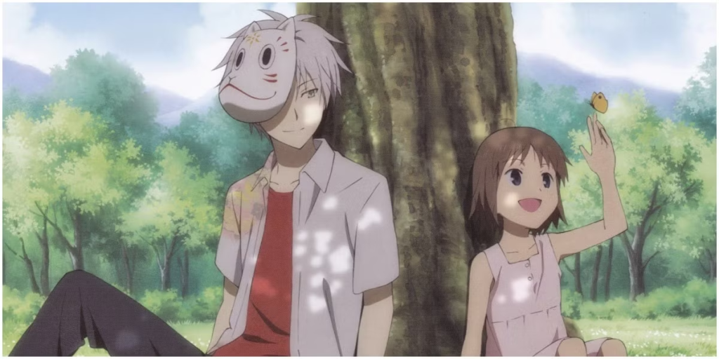 Gin (the spirit boy with the mask) and Hotaru  in Into the Forest of Fireflies' Light, one of the most beautiful anime movies.