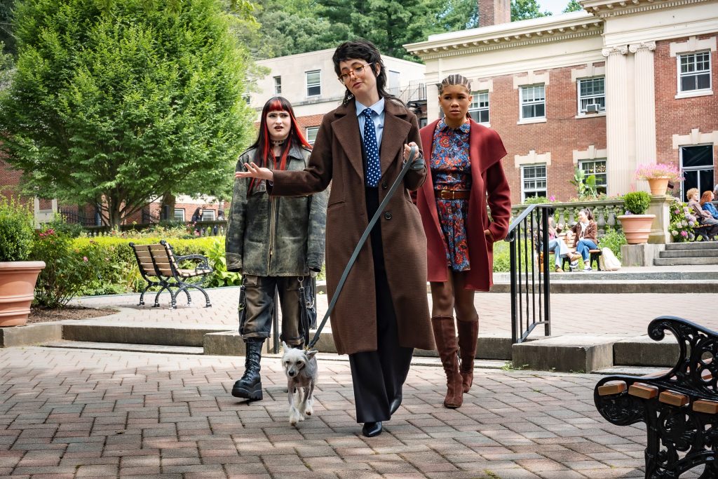 Ivy Wolk as Auguste, Sarah Sherman as Dr. Schilling and Storm Reid as Luna in Roommates walking in the campus.