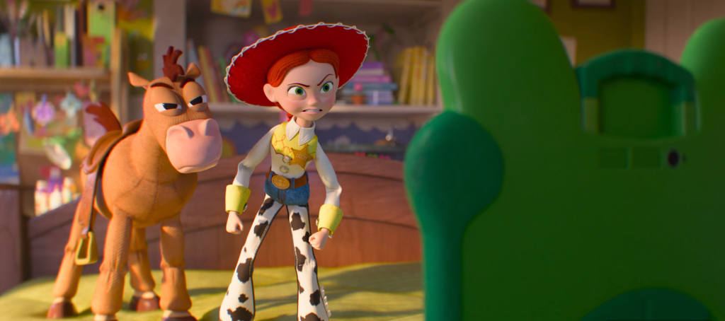 Jesse and Bullseye talking to Lilypad with angry expressions in Toy Story 5