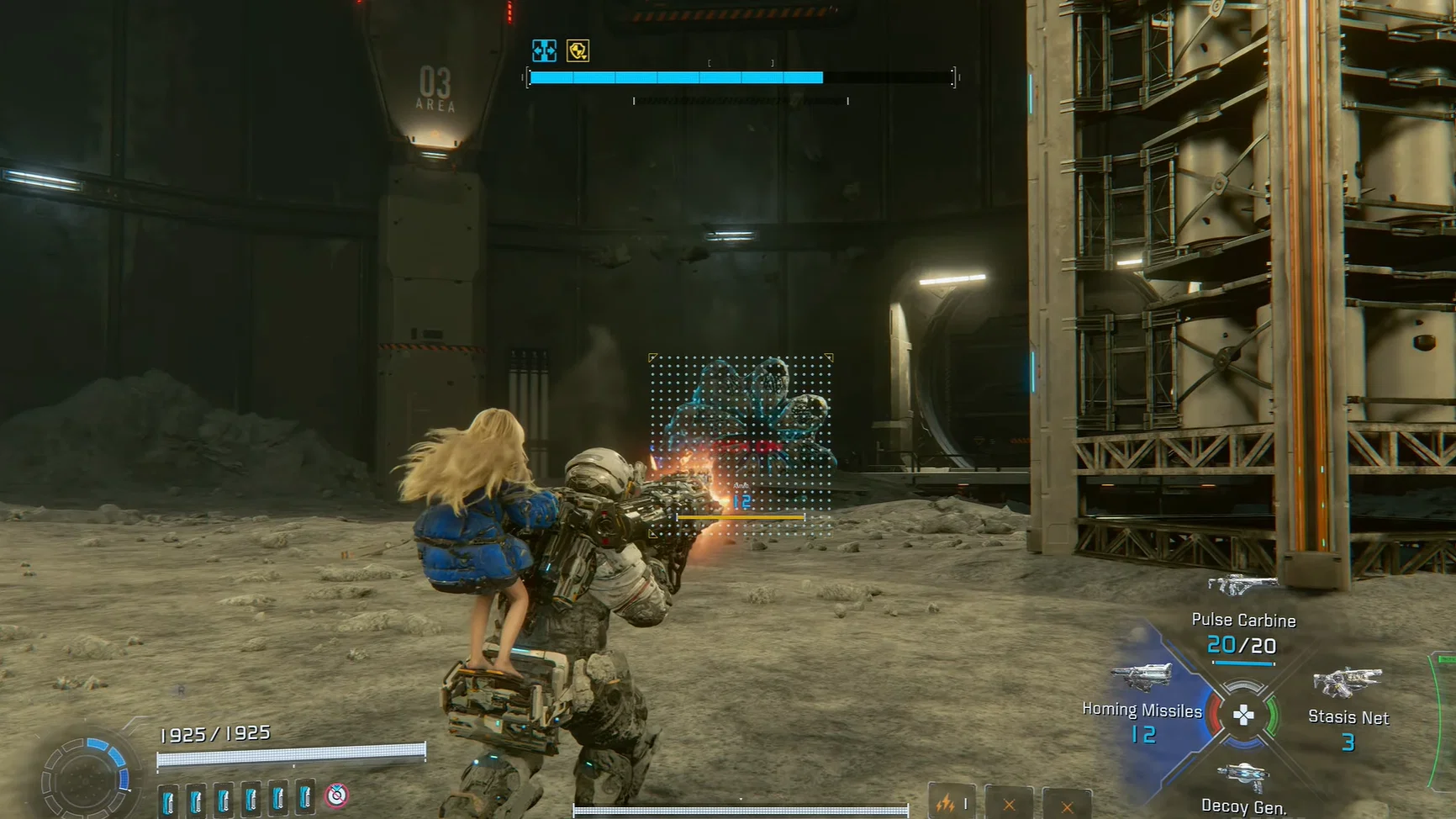 How to Beat LunaDigger in Pragmata? Boss Fight Guide 13 Using the Homing Missiles to damage the LunaDigger in Pragmata.