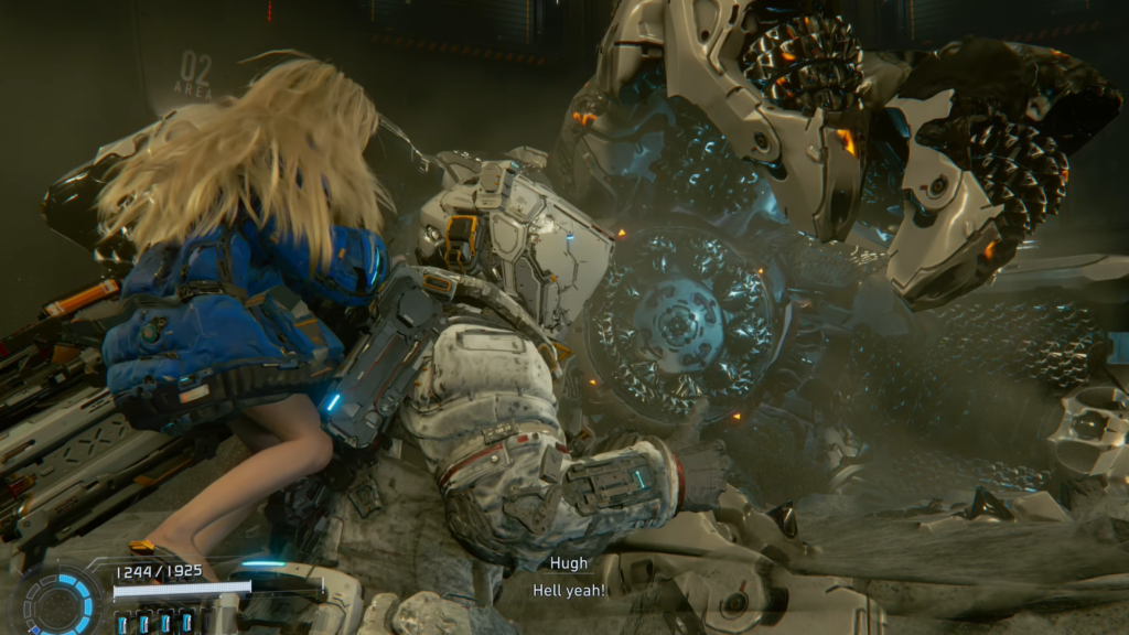 Hugh and Diana with a thumbs-up after defeating the LunaDigger in Pragmata.