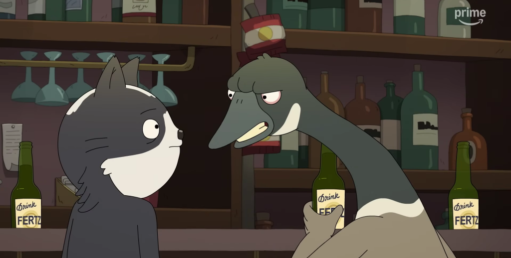 Kevin listening to an angry duck holding Drink Fertz in Kevin