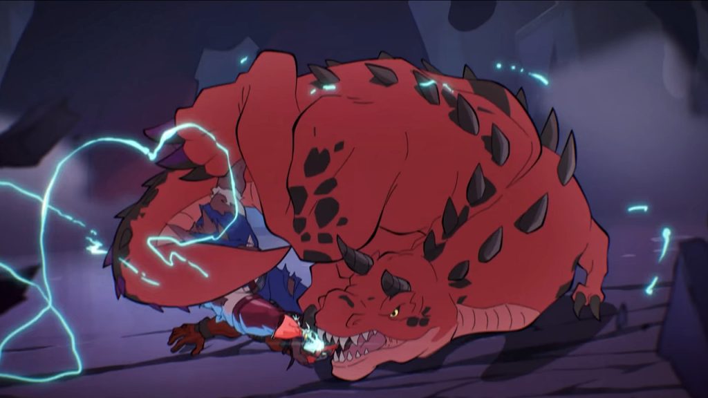 Marvel Rivals trailer shot featuring Devil Dinosaur pinning down Deadpool.