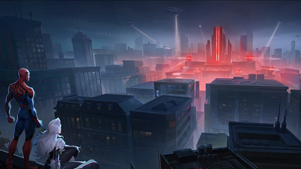 Marvel Rivals art featuring Spider-Man and Black Cat on a rooftop in New York City.