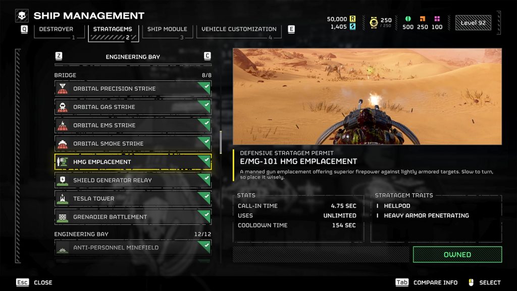 Helldivers 2 in-game screenshot showcasing an overview of the E/MG-101 HMG Emplacement stratagem.