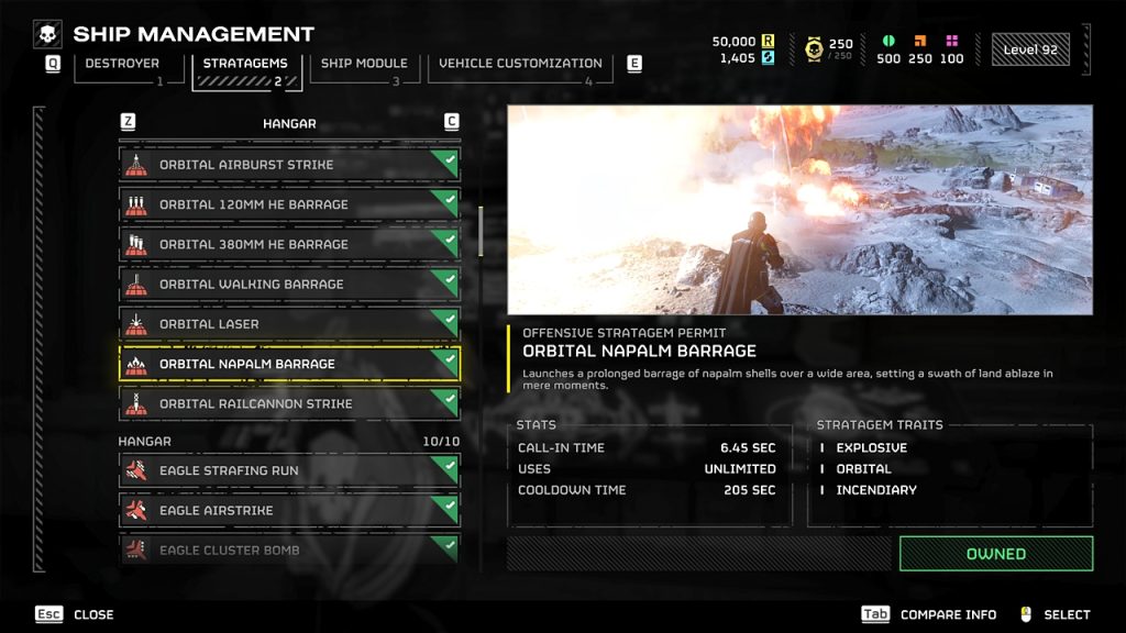Helldivers 2 in-game screenshot showcasing an overview of the Orbital Napalm Barrage stratagem.