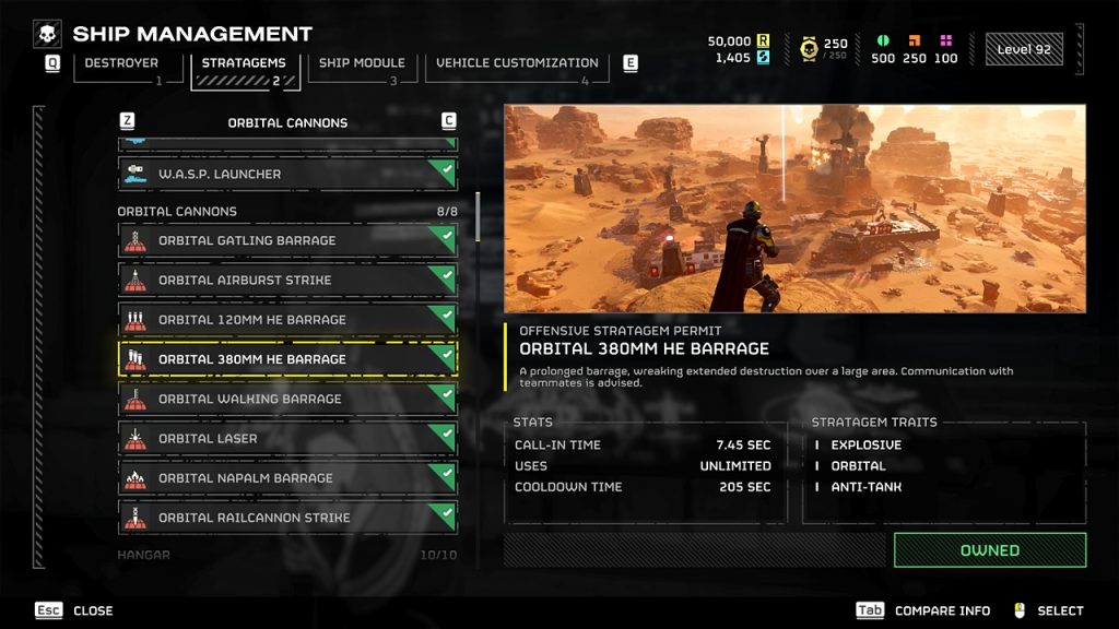 Helldivers 2 in-game screenshot showcasing an overview of the Orbital 380mm HE Barrage stratagem.