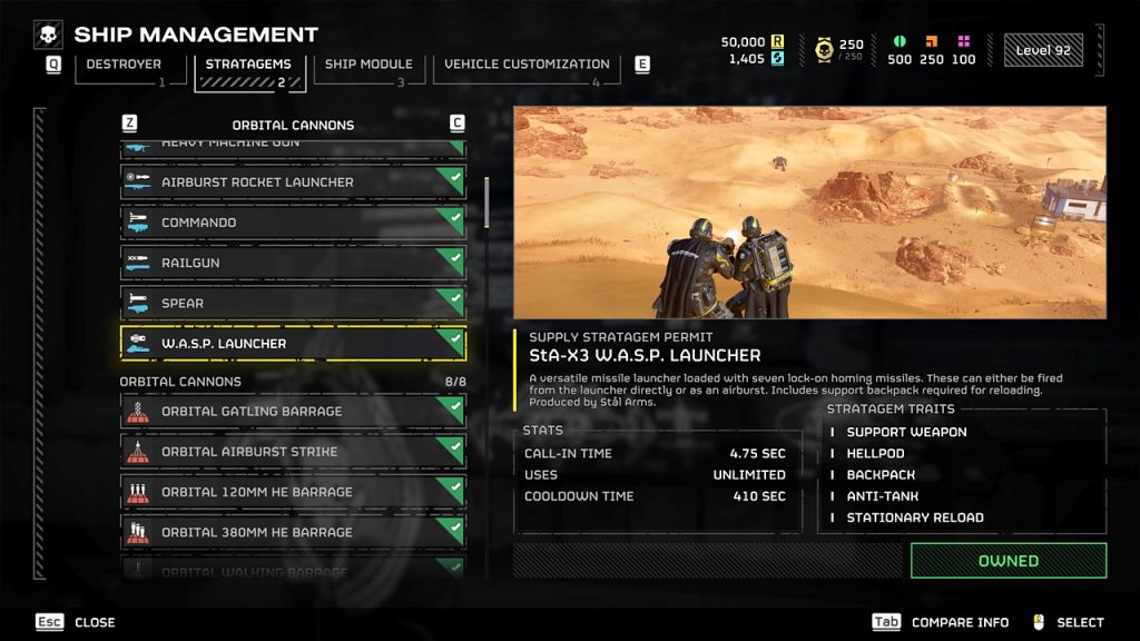 Helldivers 2 in-game screenshot showcasing an overview of the StA-X3 W.A.S.P. Launcher stratagem.