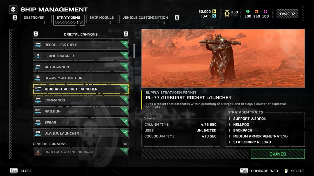 Helldivers 2 in-game screenshot showcasing an overview of the RL-77 Airburst Rocket Launcher stratagem.