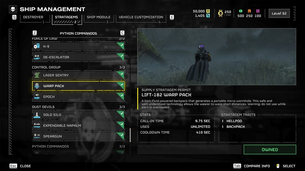 Helldivers 2 in-game screenshot showcasing an overview of the LIFT-182 Warp Pack stratagem.