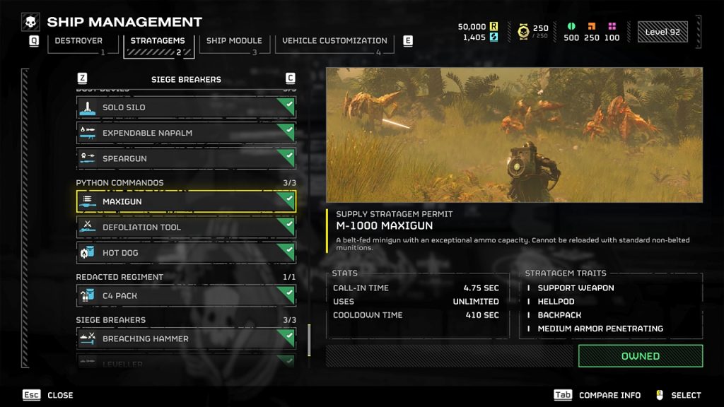 Helldivers 2 in-game screenshot showcasing an overview of the M-1000 Maxigun stratagem.