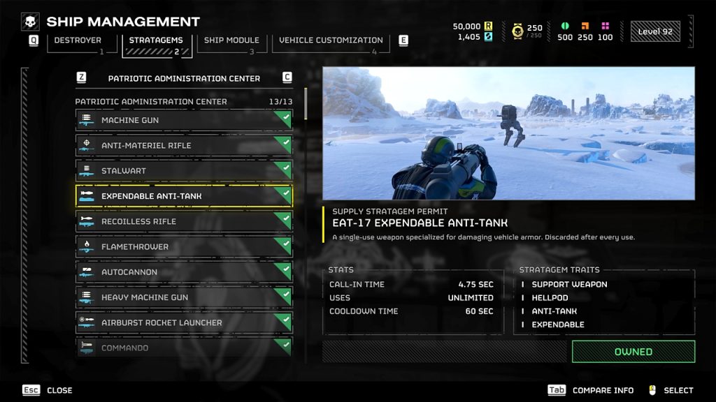 Helldivers 2 in-game screenshot showcasing an overview of the EAT-17 Expendable Anti-Tank stratagem.