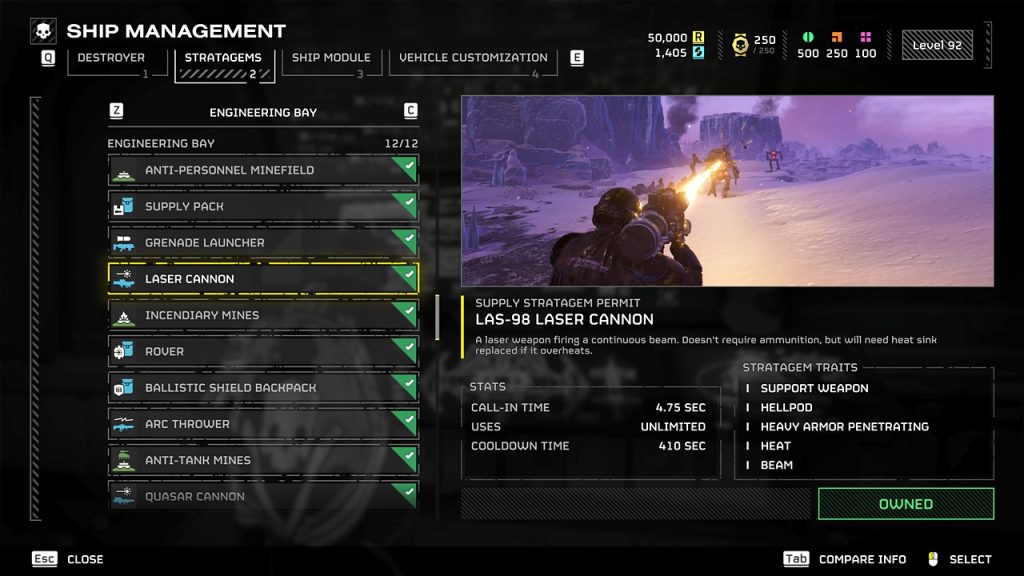 Helldivers 2 in-game screenshot showcasing an overview of the LAS-98 Laser Cannon stratagem.