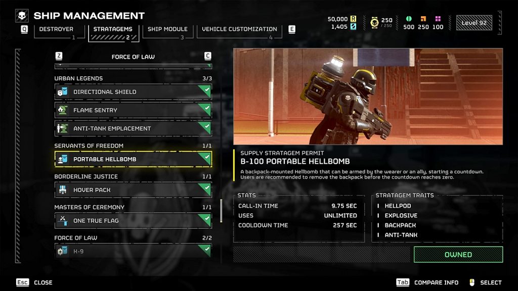 Helldivers 2 in-game screenshot showcasing an overview of the B-100 Portable Hellbomb stratagem.