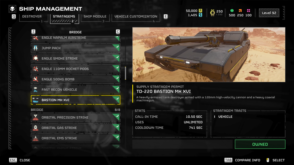 Helldivers 2 in-game screenshot showcasing an overview of the TD-220 Bastion tank stratagem.