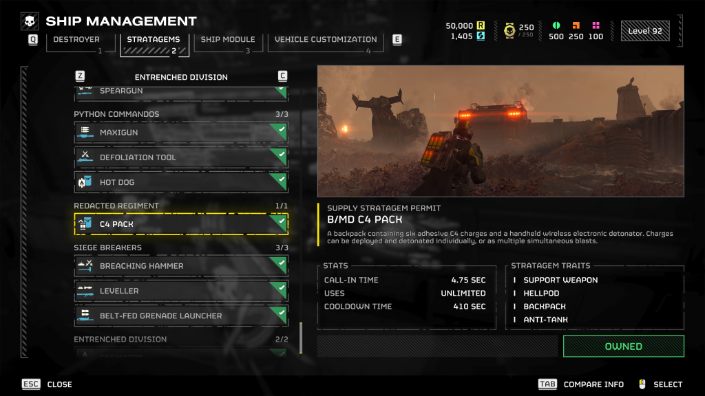 Helldivers 2 in-game screenshot showcasing an overview of the B/MD C4 Pack stratagem.