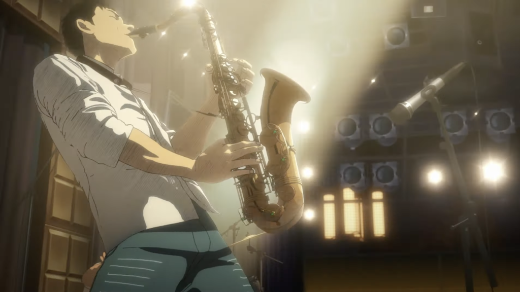 Miyamoto playing the saxophone in Blue Giant