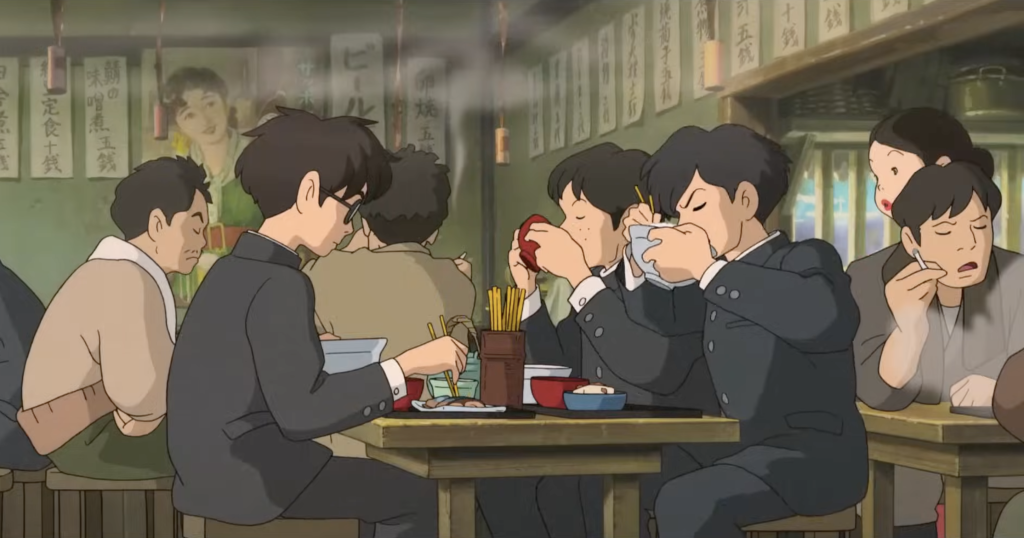 Horikoshi having a meal with his friends in The Wind Rises