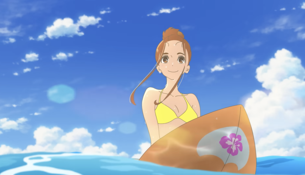 hinako surfing on the sea and looks ahead with a smile in ride your wave anime film